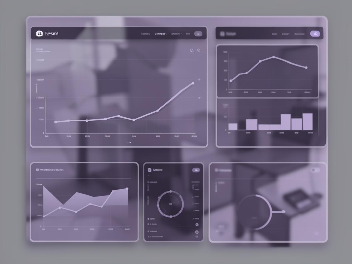 Abstract duotone rendering of an analytics dashboard with charts and modular panels